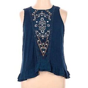 KNOX ROSE Teal Blue Embroidered Mixed Media Peplum Ruffle Sleeveless Boho Top M